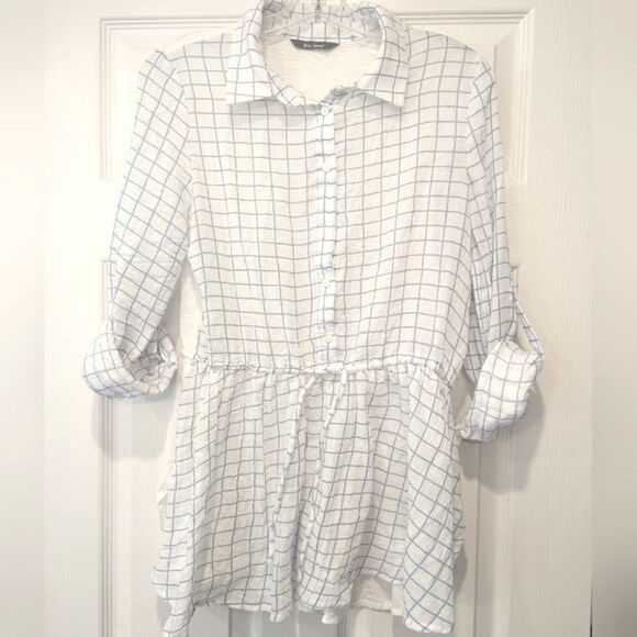 Anthropologie Blue Tassel White Button Down Long Sleeve Plaid Shirt Boho Size S - Picture 1 of 9